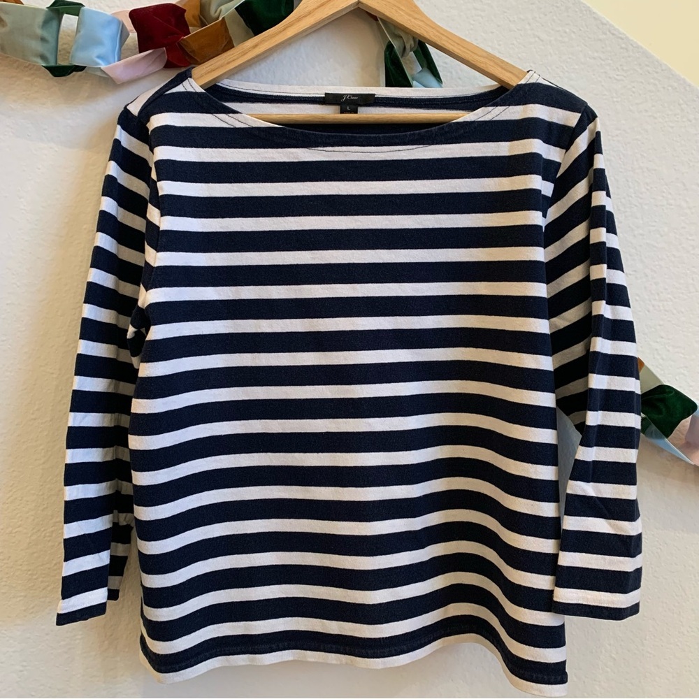 J. Crew Navy and White Striped Boatneck Top